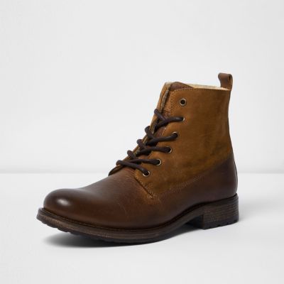 Brown leather panel borg lined boots
